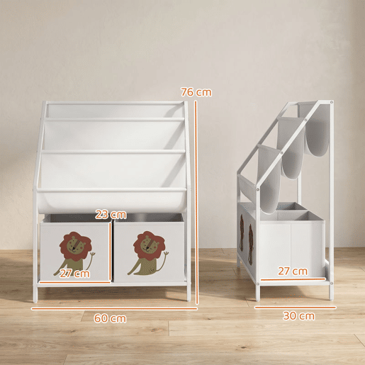 AIYAPLAY Estante Infantil Montessori 4 Níveis com 3 Prateleiras e 2 Gavetas em Tecido, Design Leão, Branco AIYAPLAY Estante Infantil Montessori 4 Níveis com 3 Prateleiras e 2 Gavetas em Tecido, Design Leão, Branco