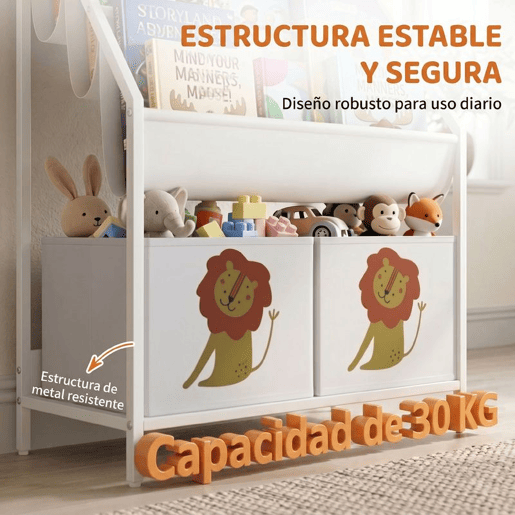 AIYAPLAY Estante Infantil Montessori 4 Níveis com 3 Prateleiras e 2 Gavetas em Tecido, Design Leão, Branco AIYAPLAY Estante Infantil Montessori 4 Níveis com 3 Prateleiras e 2 Gavetas em Tecido, Design Leão, Branco