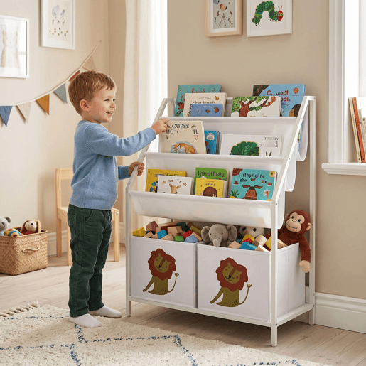 AIYAPLAY Estante Infantil Montessori 4 Níveis com 3 Prateleiras e 2 Gavetas em Tecido, Design Leão, Branco AIYAPLAY Estante Infantil Montessori 4 Níveis com 3 Prateleiras e 2 Gavetas em Tecido, Design Leão, Branco