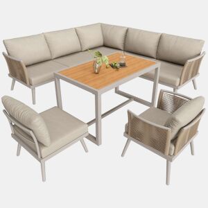 Conjunto de sofá de jardim de canto com 7 lugares u2013 resistente às intempéries, com estrutura em ferro, mesa de centro em madeira e poltronas com almofadas u2013 Bege