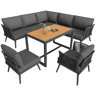 Sofá de jardim de canto com 7 lugares, com mesa de centro e poltrona - Conjunto modular resistente às intempéries, com estrutura de ferro, braços trançados e almofadas - Cinzento