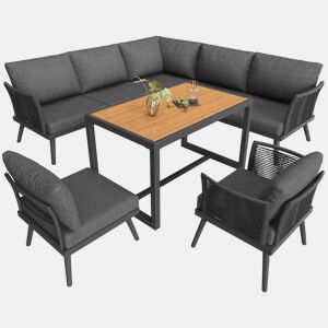 Sofá de jardim de canto com 7 lugares, com mesa de centro e poltrona - Conjunto modular resistente às intempéries, com estrutura de ferro, braços trançados e almofadas - Cinzento