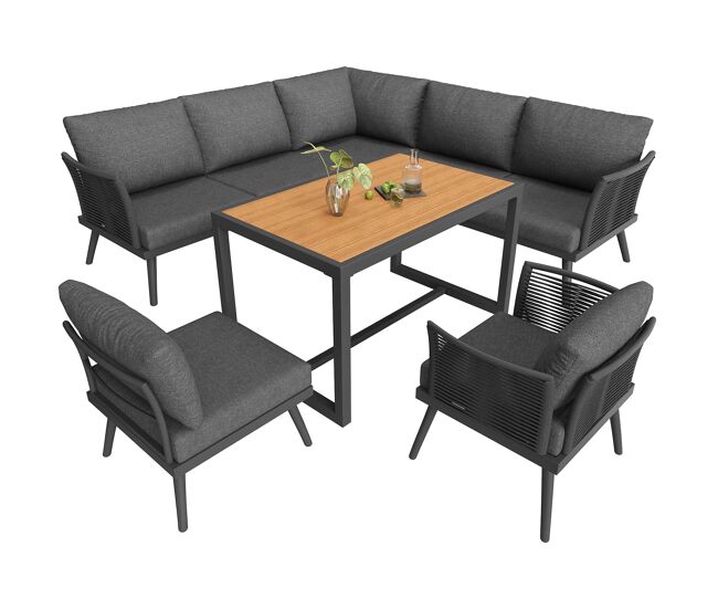 Sofá de jardín esquinero 7 plazas con mesa de centro y sillón - conjunto modular resistente a la intemperie con estructura de hierro, reposabrazos