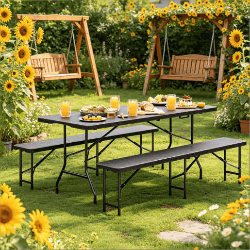 Conjunto de mobiliário de jardim 180 x 70 x 74 cm - Dobrável, para exterior, pátio, campismo - Preto