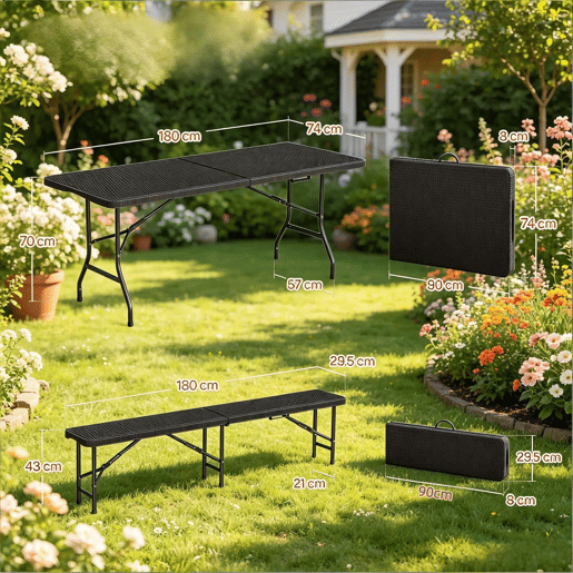Conjunto de mobiliário de jardim 180 x 70 x 74 cm - Dobrável, para exterior, pátio, campismo - Preto