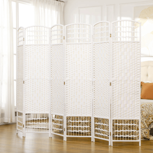 HOMCOM Biombo Dobrável de 6 Painéis 240x170 cm Separador de Ambientes em Corda de Papel Estrutura em Madeira Decoração para Quarto Sala Branco