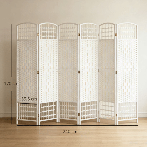 HOMCOM Biombo Dobrável de 6 Painéis 240x170 cm Separador de Ambientes em Corda de Papel Estrutura em Madeira Decoração para Quarto Sala Branco