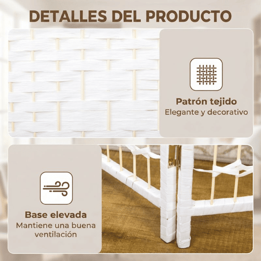 HOMCOM Biombo Dobrável de 6 Painéis 240x170 cm Separador de Ambientes em Corda de Papel Estrutura em Madeira Decoração para Quarto Sala Branco