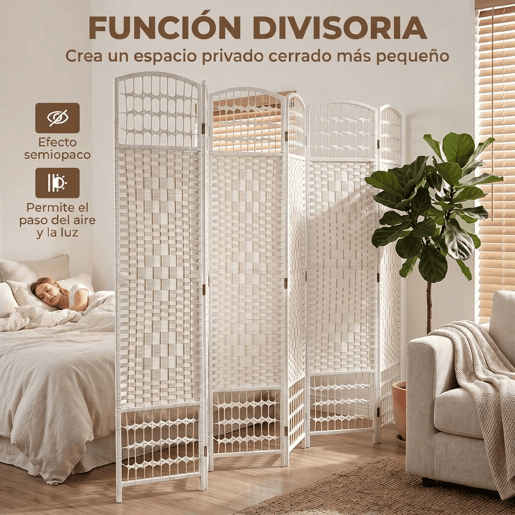 HOMCOM Biombo Dobrável de 6 Painéis 240x170 cm Separador de Ambientes em Corda de Papel Estrutura em Madeira Decoração para Quarto Sala Branco