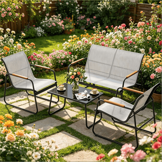 Conjunto de mobiliário de jardim 111,5 x 76,5 x 75 cm - 4 peças, exterior, terraço - Cinzento Conjunto de mobiliário de jardim 111,5 x 76,5 x 75 cm - 4 peças, exterior, terraço - Cinzento