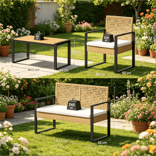 Conjunto de mobiliário de jardim 112,5 x 52 x 75 cm - Modular, para terraço e convívio - Madeira natural Conjunto de mobiliário de jardim 112,5 x 52 x 75 cm - Modular, para terraço e convívio - Madeira natural