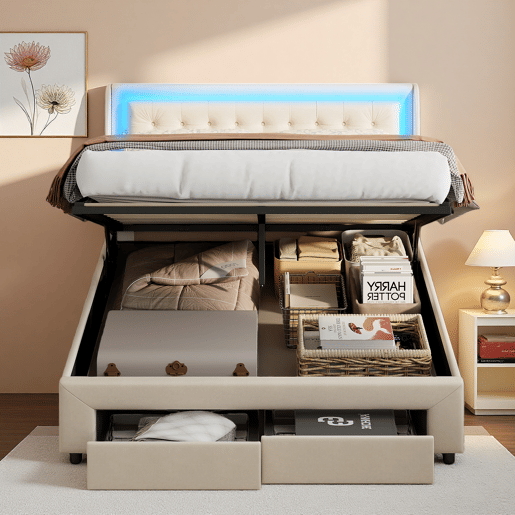 Cama com arrumação elevatória 160x200 cm, veludo, LED na cabeceira e 2 gavetas, bege claro