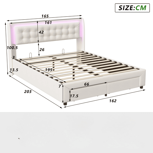 Cama com arrumação elevatória 160x200 cm, veludo, LED na cabeceira e 2 gavetas, bege claro