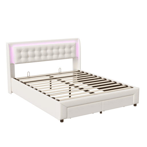 Cama com arrumação elevatória 160x200 cm, veludo, LED na cabeceira e 2 gavetas, bege claro