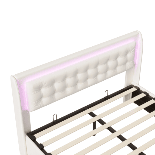 Cama com arrumação elevatória 160x200 cm, veludo, LED na cabeceira e 2 gavetas, bege claro