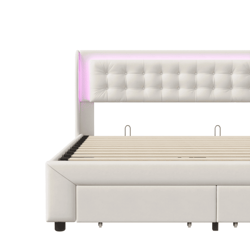 Cama com arrumação elevatória 160x200 cm, veludo, LED na cabeceira e 2 gavetas, bege claro