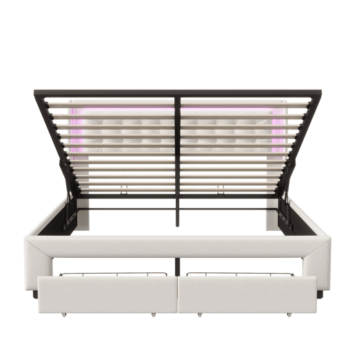 Cama com arrumação elevatória 160x200 cm, veludo, LED na cabeceira e 2 gavetas, bege claro