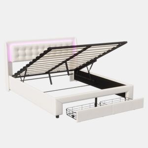 Cama com arrumação elevatória 140x190 cm, veludo, LED na cabeceira e 2 gavetas, bege claro