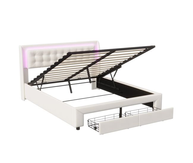 Cama con canapé abatible 140x190 cm, terciopelo, led en cabecero y 2 cajones de almacenaje, beige claro