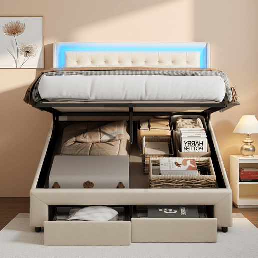 Cama com arrumação elevatória 140x190 cm, veludo, LED na cabeceira e 2 gavetas, bege claro Cama com arrumação elevatória 140x190 cm, veludo, LED na cabeceira e 2 gavetas, bege claro