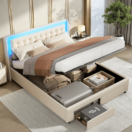 Cama com arrumação elevatória 140x190 cm, veludo, LED na cabeceira e 2 gavetas, bege claro Cama com arrumação elevatória 140x190 cm, veludo, LED na cabeceira e 2 gavetas, bege claro