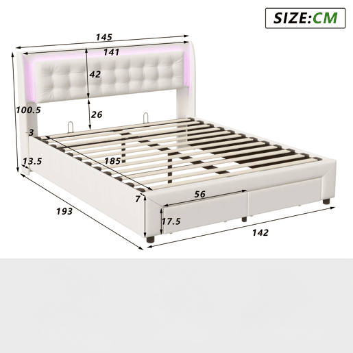 Cama com arrumação elevatória 140x190 cm, veludo, LED na cabeceira e 2 gavetas, bege claro Cama com arrumação elevatória 140x190 cm, veludo, LED na cabeceira e 2 gavetas, bege claro