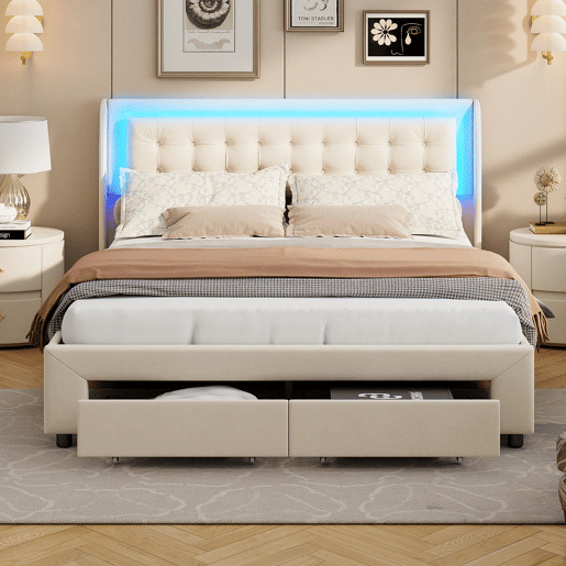 Cama com arrumação elevatória 140x190 cm, veludo, LED na cabeceira e 2 gavetas, bege claro Cama com arrumação elevatória 140x190 cm, veludo, LED na cabeceira e 2 gavetas, bege claro