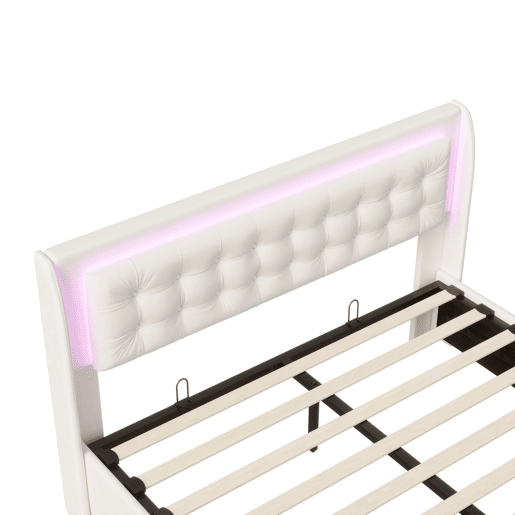 Cama com arrumação elevatória 140x190 cm, veludo, LED na cabeceira e 2 gavetas, bege claro Cama com arrumação elevatória 140x190 cm, veludo, LED na cabeceira e 2 gavetas, bege claro