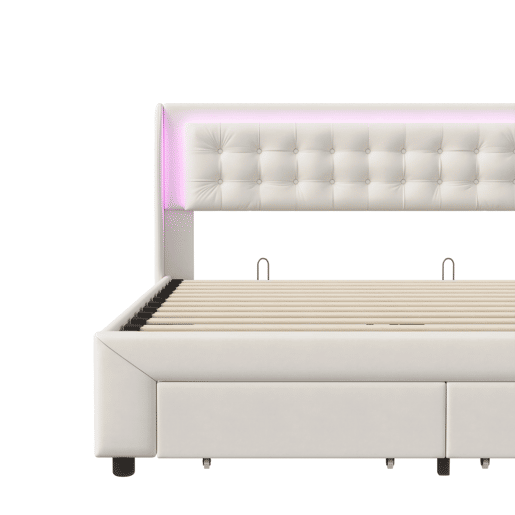 Cama com arrumação elevatória 140x190 cm, veludo, LED na cabeceira e 2 gavetas, bege claro Cama com arrumação elevatória 140x190 cm, veludo, LED na cabeceira e 2 gavetas, bege claro