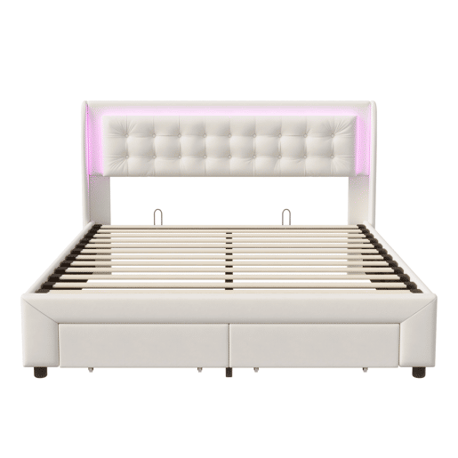 Cama com arrumação elevatória 140x190 cm, veludo, LED na cabeceira e 2 gavetas, bege claro Cama com arrumação elevatória 140x190 cm, veludo, LED na cabeceira e 2 gavetas, bege claro
