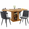 Conjunto de sala de jantar de 5 peças - mesa extensível com gavetas, para 4-6 pessoas, cadeiras em linho cinzento - castanho escuro