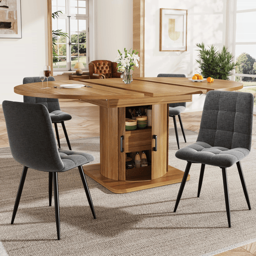 Conjunto de sala de jantar de 5 peças - mesa extensível com gavetas, para 4-6 pessoas, cadeiras em linho cinzento - castanho escuro
