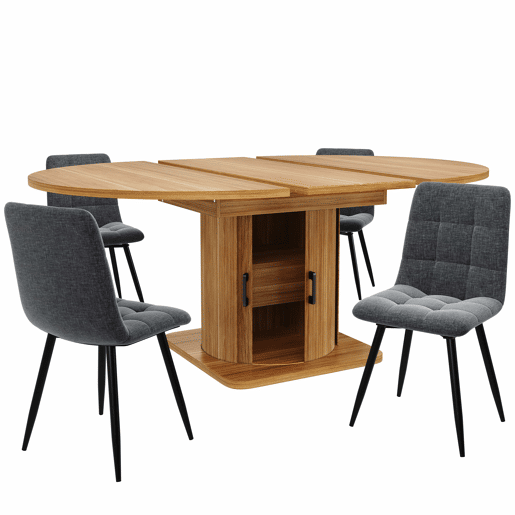 Conjunto de sala de jantar de 5 peças - mesa extensível com gavetas, para 4-6 pessoas, cadeiras em linho cinzento - castanho escuro