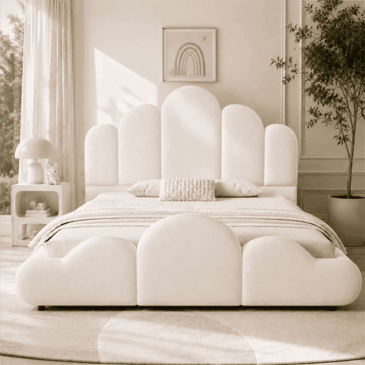 Cama infantil estofada 140x200 cm - cabeceira acolchoada, cantos arredondados, veludo - bege