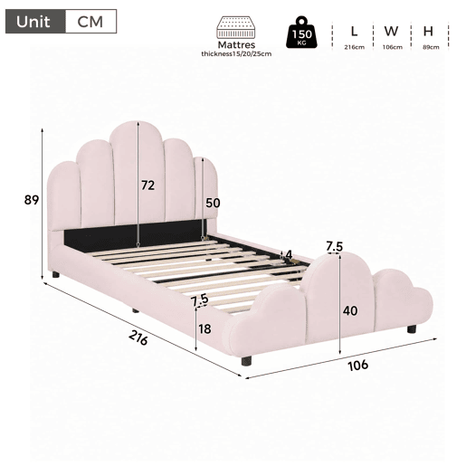Cama individual 90x200 cm - estofada, com cabeceira acolchoada e cantos arredondados - rosa Cama individual 90x200 cm - estofada, com cabeceira acolchoada e cantos arredondados - rosa