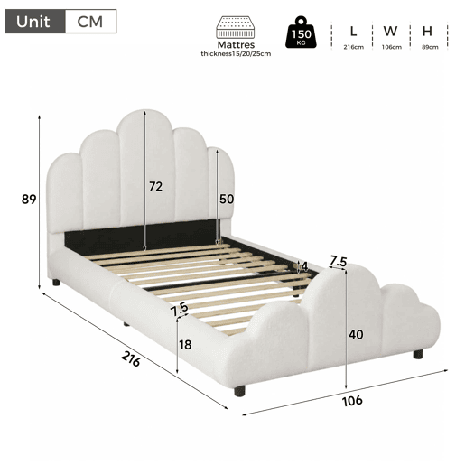 Cama individual 90x200 cm - Cabeceira estofada, cantos arredondados, estilo bouclé - Bege