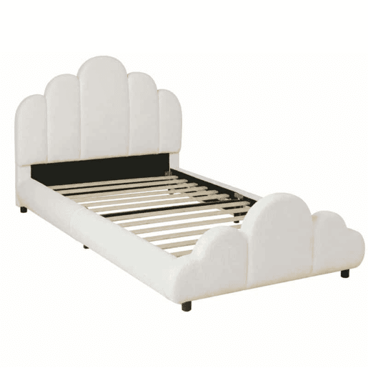 Cama individual 90x200 cm - Cabeceira estofada, cantos arredondados, estilo bouclé - Bege