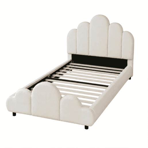 Cama individual 90x200 cm - Cabeceira estofada, cantos arredondados, estilo bouclé - Bege