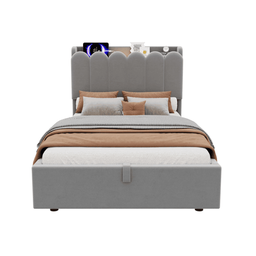Cama individual 90 x 200 cm u2014 estofada com arrumação hidráulica, cabeceira almofadada, USB, Type-C e candeeiro de leitura u2014 cinzenta Cama individual 90 x 200 cm u2014 estofada com arrumação hidráulica, cabeceira almofadada, USB, Type-C e candeeiro de leitura u2014 cinzenta