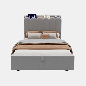 Cama individual 90 x 200 cm u2014 estofada com arrumação hidráulica, cabeceira almofadada, USB, Type-C e candeeiro de leitura u2014 cinzenta
