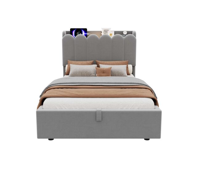 Cama individual 90x200 cm - tapizada con almacenamiento hidráulico, cabecero acolchado, usb, type-c y lámpara de lectura - gris