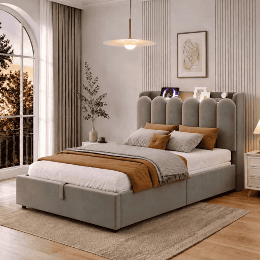 Cama individual 90 x 200 cm u2014 estofada com arrumação hidráulica, cabeceira almofadada, USB, Type-C e candeeiro de leitura u2014 cinzenta Cama individual 90 x 200 cm u2014 estofada com arrumação hidráulica, cabeceira almofadada, USB, Type-C e candeeiro de leitura u2014 cinzenta