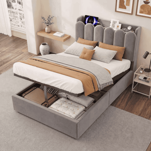 Cama individual 90 x 200 cm u2014 estofada com arrumação hidráulica, cabeceira almofadada, USB, Type-C e candeeiro de leitura u2014 cinzenta Cama individual 90 x 200 cm u2014 estofada com arrumação hidráulica, cabeceira almofadada, USB, Type-C e candeeiro de leitura u2014 cinzenta