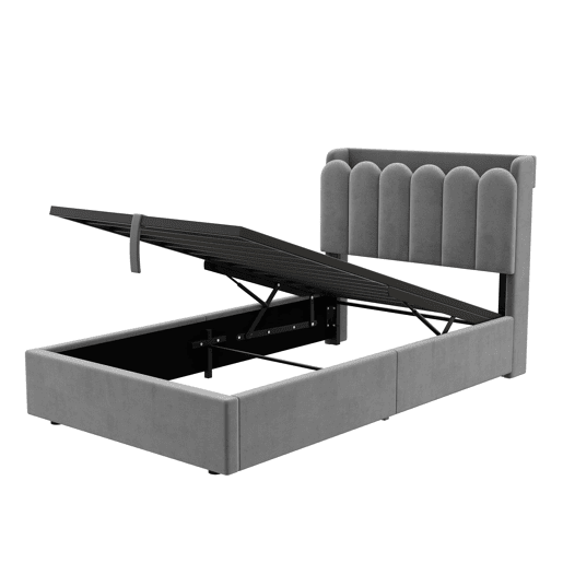 Cama individual 90 x 200 cm u2014 estofada com arrumação hidráulica, cabeceira almofadada, USB, Type-C e candeeiro de leitura u2014 cinzenta Cama individual 90 x 200 cm u2014 estofada com arrumação hidráulica, cabeceira almofadada, USB, Type-C e candeeiro de leitura u2014 cinzenta