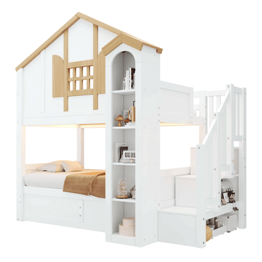 Beliche infantil 90x200+90x200 cm u2013 cama alta em madeira maciça com LED, escada com espaço de arrumação e design em forma de castelo u2013 branco e natural