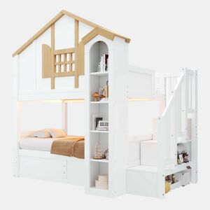 Beliche infantil 90x200+90x200 cm u2013 cama alta em madeira maciça com LED, escada com espaço de arrumação e design em forma de castelo u2013 branco e natural