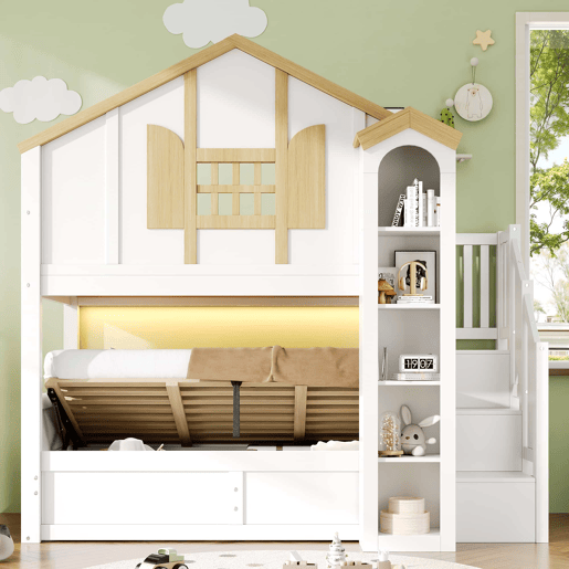 Beliche infantil 90x200+90x200 cm u2013 cama alta em madeira maciça com LED, escada com espaço de arrumação e design em forma de castelo u2013 branco e natural