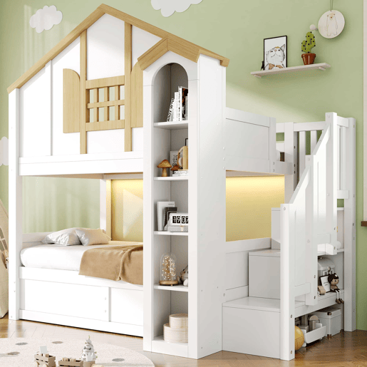 Beliche infantil 90x200+90x200 cm u2013 cama alta em madeira maciça com LED, escada com espaço de arrumação e design em forma de castelo u2013 branco e natural