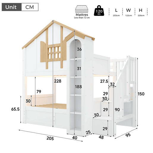 Beliche infantil 90x200+90x200 cm u2013 cama alta em madeira maciça com LED, escada com espaço de arrumação e design em forma de castelo u2013 branco e natural