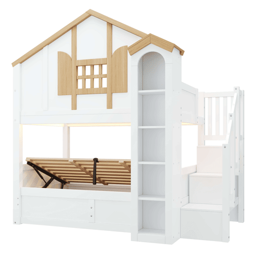 Beliche infantil 90x200+90x200 cm u2013 cama alta em madeira maciça com LED, escada com espaço de arrumação e design em forma de castelo u2013 branco e natural